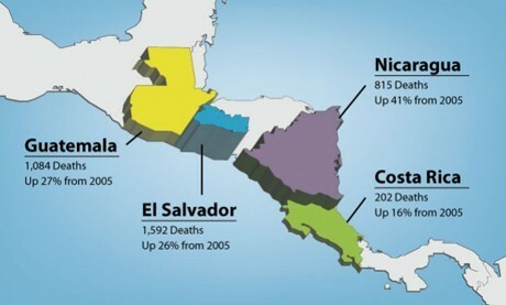 Este mapa da América Central mostra o número de mortes por doenças renais em 2009 e o aumento nas taxas de mortalidade durante o período de 2005 a 2009
